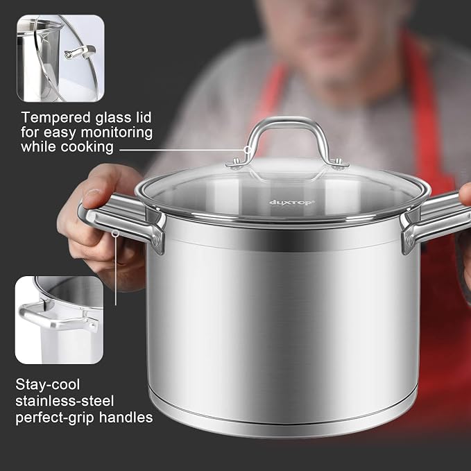 Duxtop Professional Stainless Steel Stock Pot with Glass Lid, Induction Cooking Pot, Impact-bonded Base Technology, 8.6 Quarts | Stockpot with Stay-Cool Handle, Large Batch Meals, Generous Capacity for Family Cooking Needs