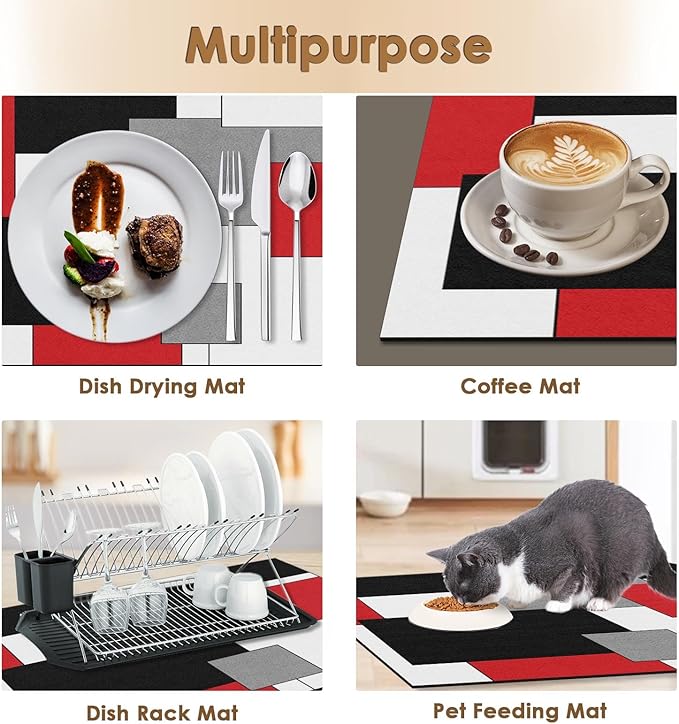 Arttown Coffee Mat for Countertops, Red Black White Grey Modern Dish Drying Mat 2 Pcs for Kitchen Bar Accessories, Fit Under Coffee Maker Espresso Machine Dish Rack Hide Stain Rubber 12x19in