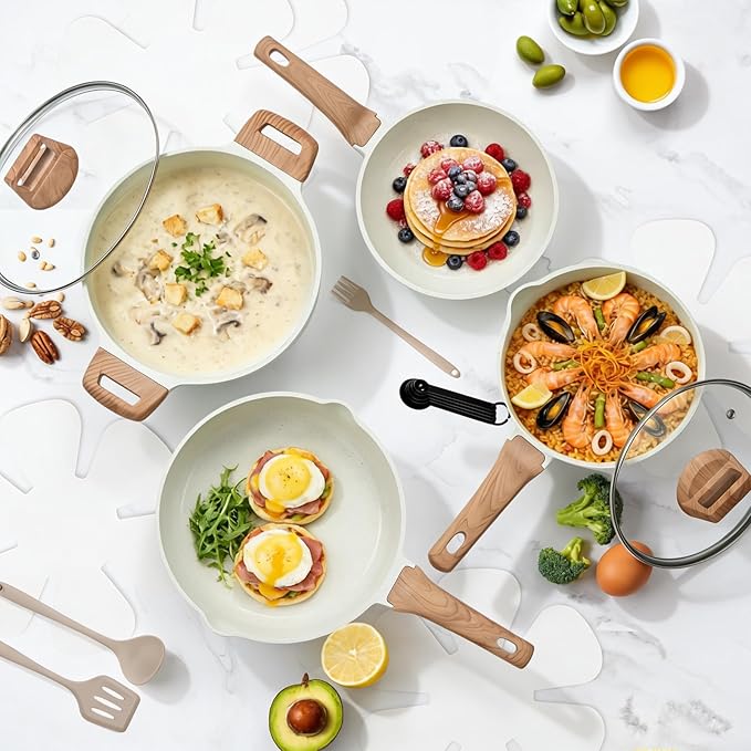 Sweetcrispy Pots and Pans Set, 25 Pcs Nonstick Cookware Set, Induction Kitchen Cooking Set, Non-Toxic Frying Pans & Saucepans (PFOA/PFOS Free) Beige