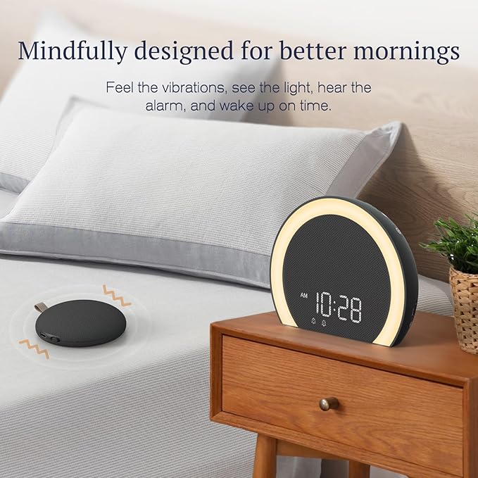 ANJANK Super Loud Alarm Clock with Wireless Bed Shaker, Vibrating Dual Alarm with Light Wake Up for Heavy Sleepers & Hearing Impaired, 9-Color Night Light, 8 Sounds, 0-100% Dimmer, USB Charger