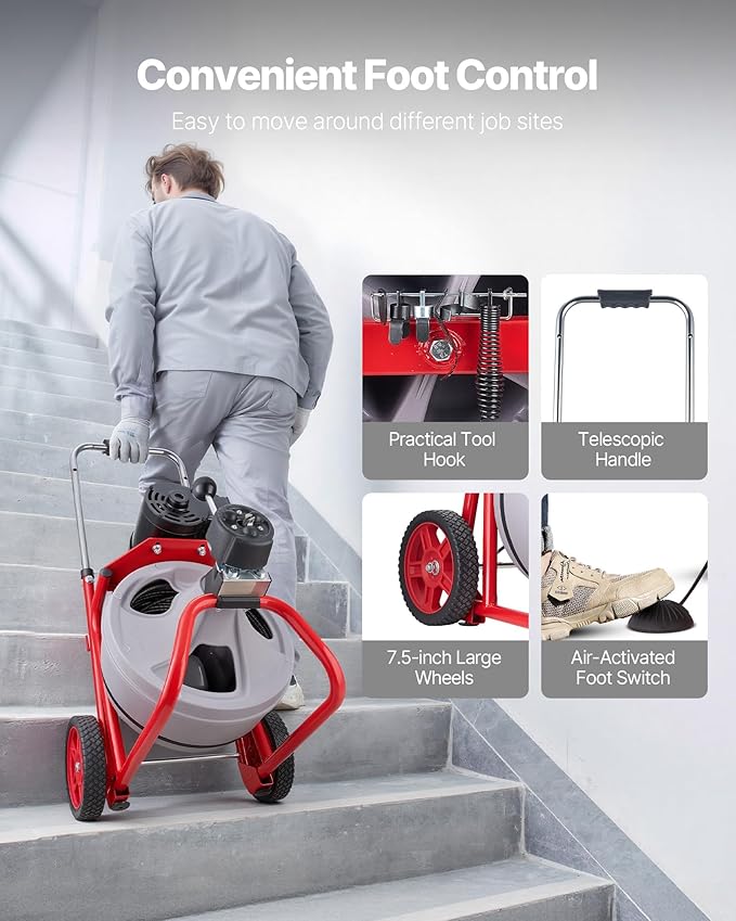 VEVOR Drain Cleaner Machine 75 FT x 3/8 Inch, Auto Feed Sewer Snake Drain Auger on Wheels, Portable Drain Cleaning Machine with 8 Cutters & Air-Activated Foot Switch for 2" to 4" Pipes