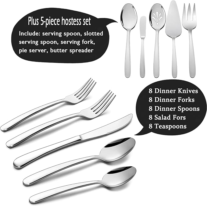HaWare Heavy Duty Silverware Set, 45 Pieces Stainless Steel Flatware with Serving Utensils, Weight Tableware for 8, Modern Cutlery for Home, Dishwasher Safe, Mirror Polished