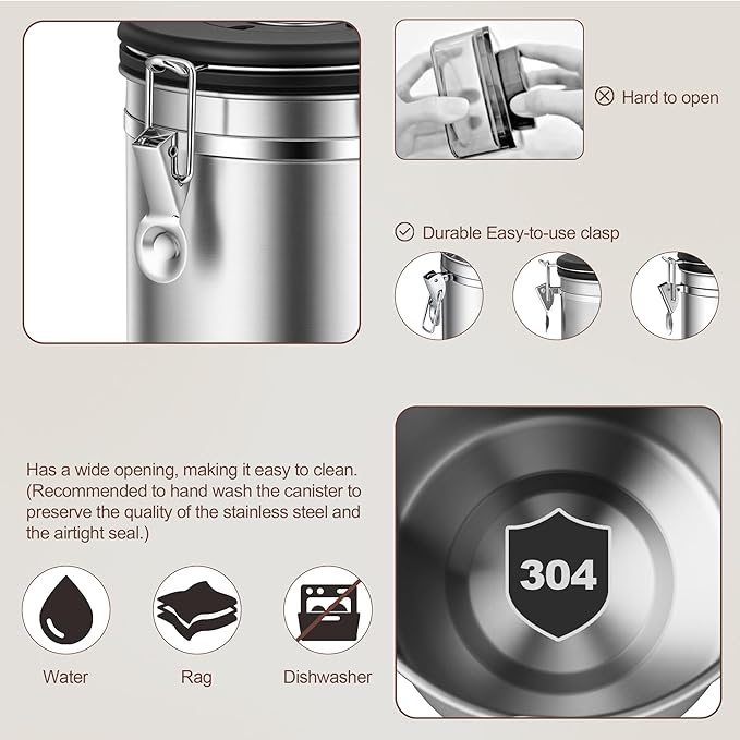 ShanSon Coffee Canister Airtight Coffee Container Stainless Steel Coffee Bean Storage Container with Scoop Coffee Canister for Beans Grounds Sugar Flour Tea Cereal,16OZ,Silver