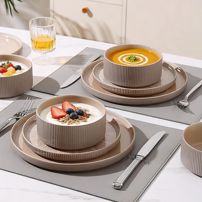 Dinnerware Sets for 4, Ceramic Plates and Bowls Set 12 Piece Dinnerware Chip Resistant Stoneware with Advanced Inkjet Printing Technology, Dishwasher and Microwave Safe-Dusty Brown