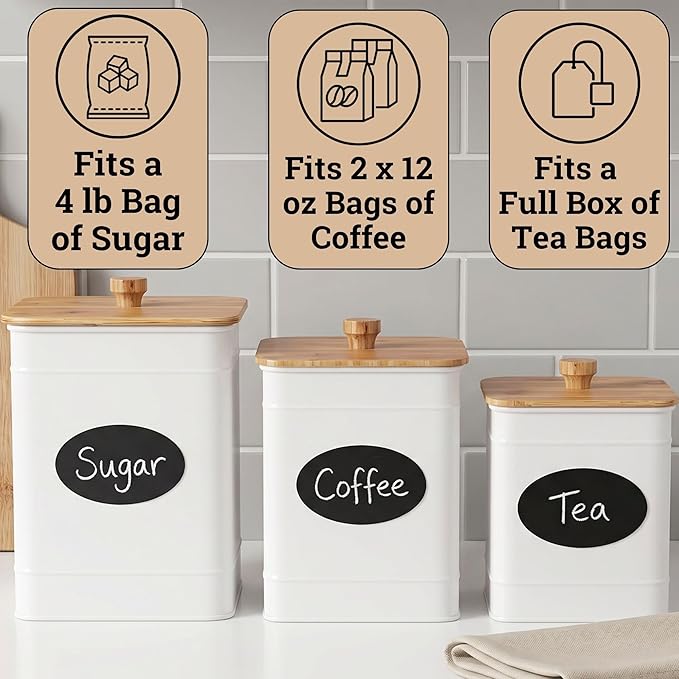 Kitchen Canisters for Countertop Set of 3 with Customizable Chalkboard Labels & Marker Pen - Big Iron Kitchen Canisters with Airtight Lids - White Canister Set - Flour and Sugar Containers Farmhouse
