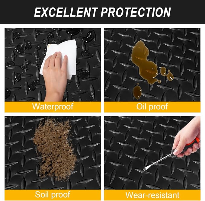4x6FT Garage Floor Mat, 2.8mm Thickened Flooring Roll for Under Car, Golf Cart Parking Mat, Diamond Plate PVC Rubber Motorcycle Mat, Non-Slip Floor Protector for Garage Warehouse Trailer, Black