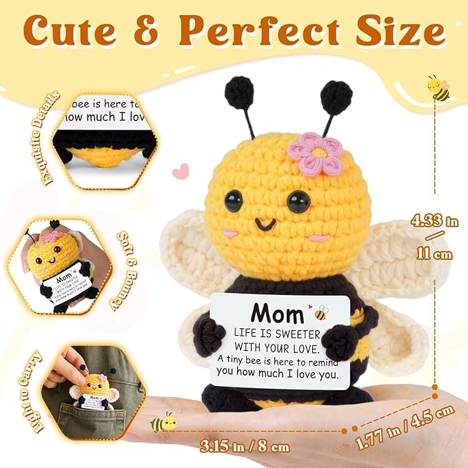 Gifts for Mom Mothers Day, Mom Gifts from Daughter Son - Cute Handmade Crochet Bee - Birthday Valentines Christmas Bonus Step Mother in Law, I Love You Mama Present, Emotional Support Decor