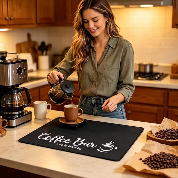SHACOS Coffee Mat 2-Pack 12x19 Inch Absorbent Non Slip Rubber Bar Accessories Coffee Maker Mat for Countertop Dish Drying Mat Heat Resistant, Black