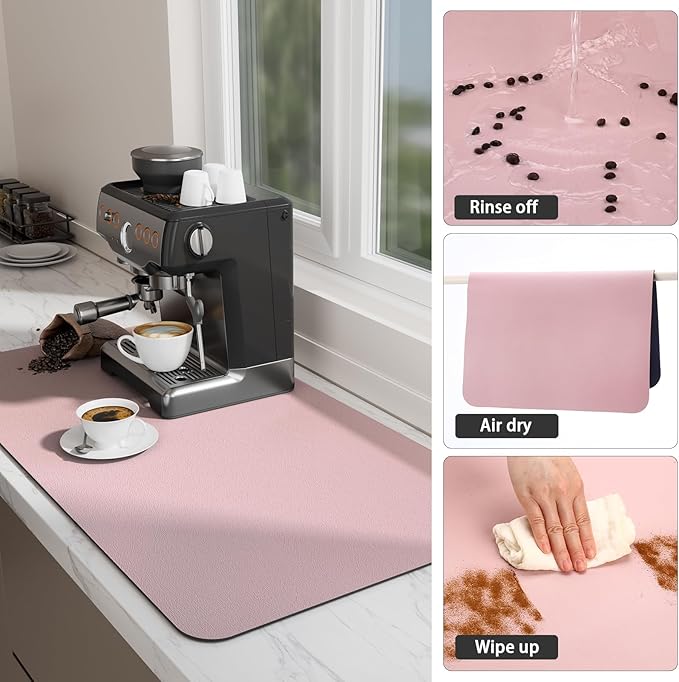 Ecotrim Absorbent Coffee Mat , Stain Hiding PU Leather Surface, Non-Slip Natural Rubber Backing, Quick Dry Mat for Espresso Machine, Kitchen Counter ,Pink | 16" x 24"