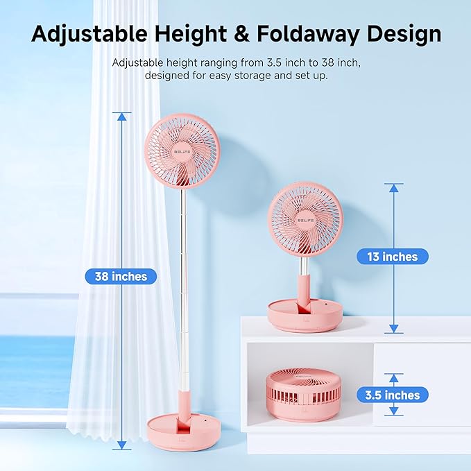 Belife X8 Portable Fan, 7200mAh Battery Powered Rechargeable, Oscillating USB Desk Floor Fan with Remote, Foldable Telescopic Fan for Home Bedroom Sleeping Office Camping Travel, 7.7" (Pink)