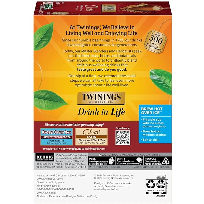Twinings Chai Black Tea K-Cup Pods for Keurig, 24 Count (Pack of 2), Naturally Sweet and Savoury Spice Flavors, Caffeinated, Enjoy Hot or Iced