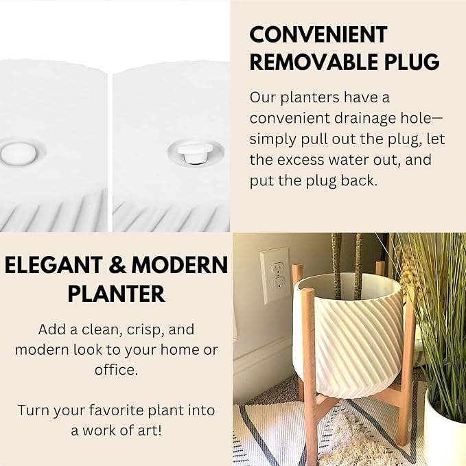 Fox & Fern Large Indoor Planter, Modern Large Plant Pot for Indoor or Outdoor, UV and Frost Resistant - 12 Inch, Matte White Flower Pot with Drainage Plug, 3D Printed Design