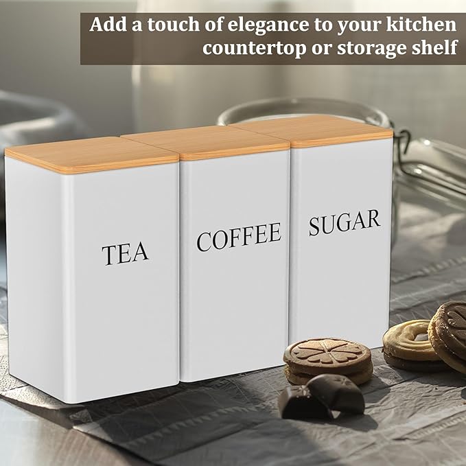 3 Pcs Coffee Tea Sugar Container Set, 1000 ML Metal Teas and Coffee Canisters Set with Bamboo Lids, Black Canisters Sets for Kitchen,Food Storage Container Jars for Kitchen Counter Storage (White)
