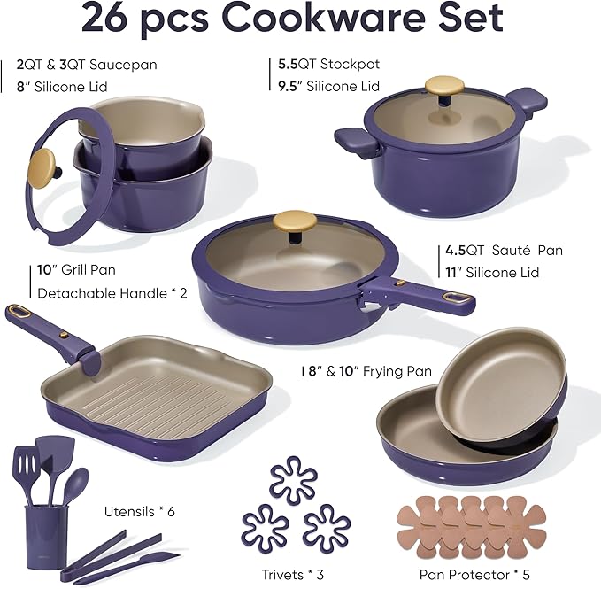 CAROTE 26 Pcs Pots and Pans Set, Nonstick Cookware Sets with Detachable Handle, Purple Dishwasher Safe, Oven Safe, Cookware Non Stick Cooking Set w/Frying Pans & Saucepans(PFOS, PFOA Free)