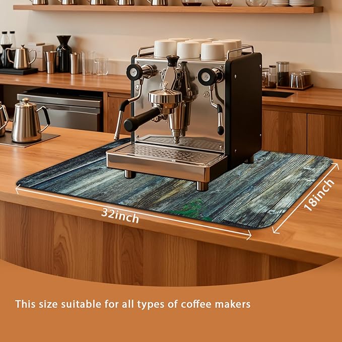 Coffee Mat 32x18 Inch, Wood Grain Coffee Place Mat, Absorbent Hide Stain Rubber Backed Dish Drying Mat for Kitchen Counter, Bar Mats for Countertops, Under Coffee Bar Maker Machine Pot Espresso Staion