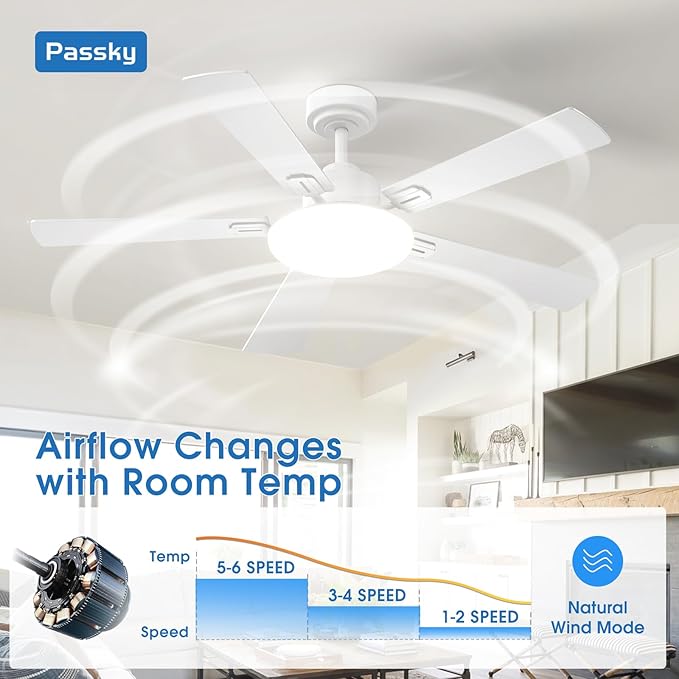 Passky Ceiling Fans with Lights, 52 inch Sleek Ceiling Fan with Light and Remote Control, 3CCT, Dimmable, Reversible, Noiseless, White Ceiling Fan for Bedroom, Living Room
