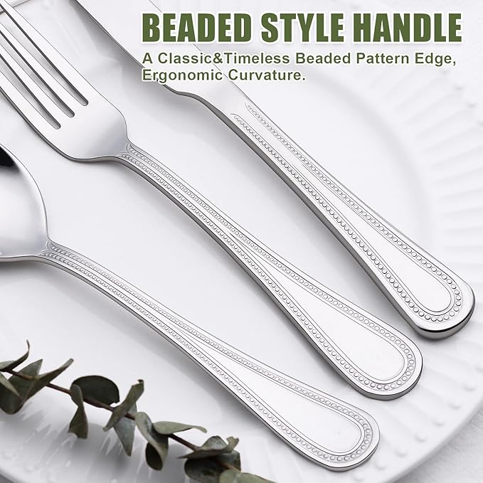 Terlulu 60-Piece Silverware Set for 12, Stainless Steel Flatware, Mirror Polished Cutlery Set, Utensils Include Spoons, Forks, Knives for Home, Restaurant, Beaded Handle, Dishwasher Safe