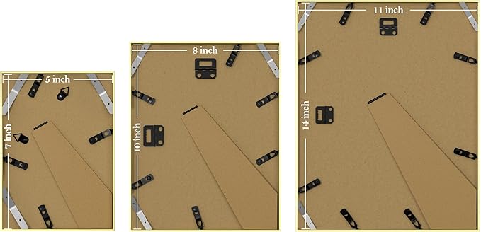 eletecpro Aluminum Gallery Wall Frame Set of 7 with Glass Cover, Gold | Including 1Pc 11x14, 2Pcs 8x10, 4Pcs 5x7 Photo Frames, Multiple Sizes Picture Frames Collage Wall Decor or Tabletop Display