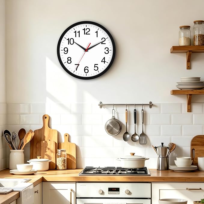 Rohioue Wall Clock Analog 10 Inch Black Battery Operated Silent Clock | Easy To Read, Non Ticking, Round, Accurate, Kitchen, Living Room, Classroom, Office, School