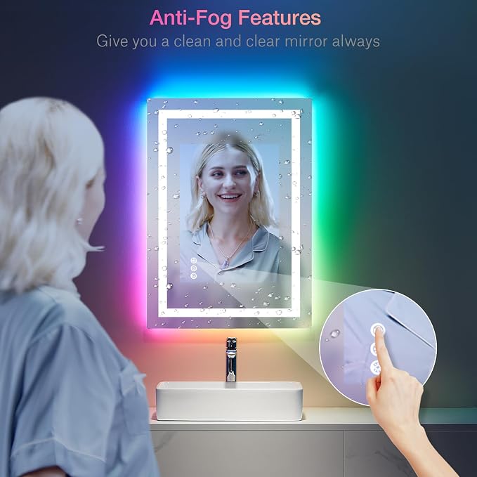 LOAAO 20"X28" RGB LED Bathroom Mirror with Lights, Anti-Fog, Dimmable, Lighted Bathroom Vanity Mirror, Multiple Light Modes, RGB Backlit + Front Light, Memory Function, Tempered Glass, ETL Listed