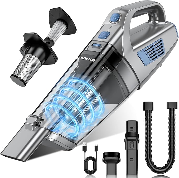 BQYPOWER Handheld Vacuum Cordless Rechargeable, Hand Held Car Vacuum | 16000PA Strong Suction Hand Vacuum Cordless Rechargeable with Multiple Accessories, Portable Car Vacuum Cleaner for Car Home