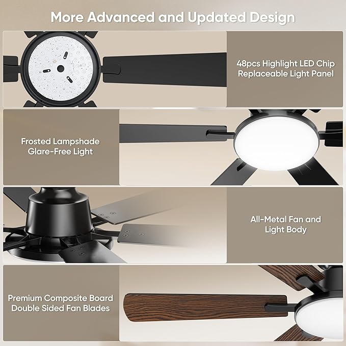 52 Inch Ceiling Fans with Lights, 6 Double Sided Blades, Ultra Quiet Reversible DC Motor, Remote & APP Control, 6 Speeds, 3CCT Dimmable LED with Memory Function, Flush Mount for Living Room, Black