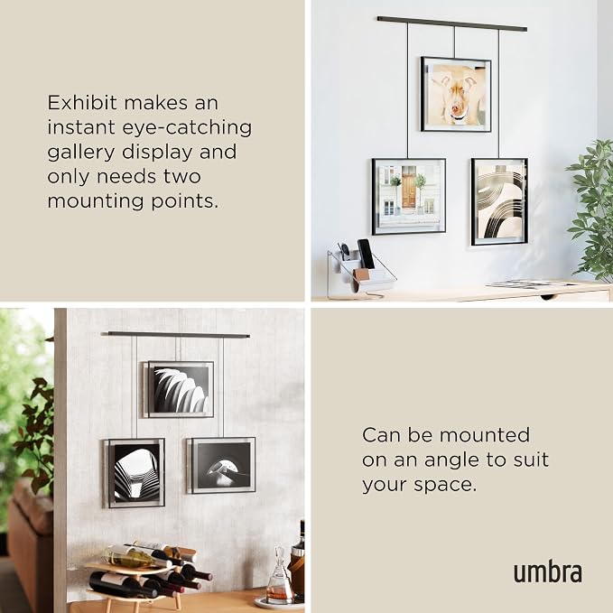 Umbra Exhibit Picture Frame Gallery Set, Adjustable Wall Collage Displays Three 8"x10" Photos, Set of 3, Black