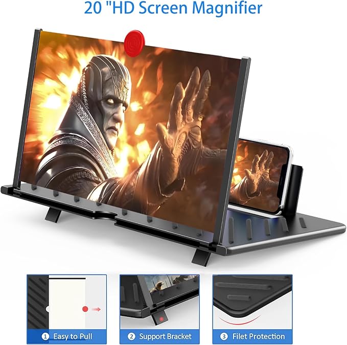 20" Screen Magnifier for Cell Phone,3D Magnifying Projector Screen Enlarger Expander for Movies, Videos, and Gaming,Foldable Phone Stand with Screen Amplifier, Compatible with All Smartphones