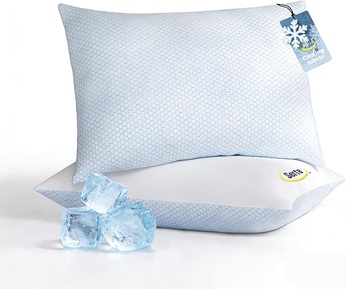 Serta Cooling Down Alternative Bed Pillows Queen Size Set of 2, Reversible Cooling & Cotton Fabric, Medium Firm, Breathable Support for Hot, Side, Back & Stomach Sleepers, 20" x 28"