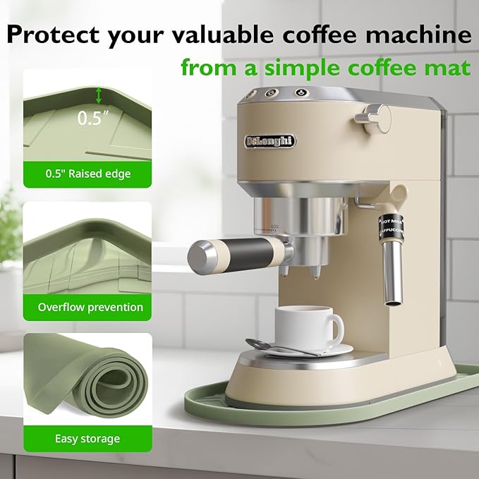 Silicone Coffee Mat,15.8"x 7.8"in Bar Mat for Countertop,Heat-Resistant,Non-Slip,Leak-Proof,Fit for Coffee Maker/Espresso Machine-Green