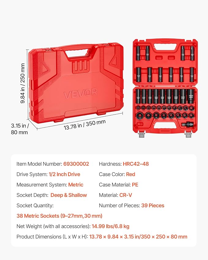 VEVOR 39-Piece Impact Socket Set 1/2" Drive, Metric (9 to 30 mm) Size, Deep & Shallow, 6-Point, CR-V, Universal Joint, Heavy Duty Carrying Case