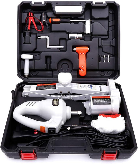 Trihelper Electric Car Jack Kit 12V Trailer Floor Jack Stands Set 3 Ton Vehicle Scissor Car Lift for Tire Change and Road Emergency with Impact Wrench