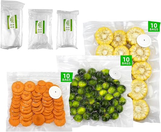 30-Piece Pack of Vacuum Sealer Bags with Air Valves (Food Grade) Reusable Vacuum Sealer Bags for Food (10 Large + 10 Medium + 10 Small) BPA-Free–Odor-Resistant