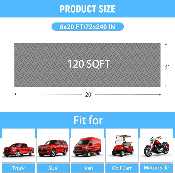 6x20 FT Garage Floor Mat, 2.8mm Thickened PVC Flooring Roll for Under Car, Golf Cart Parking Mat, Diamond Plate Gray Motorcycle Mat for Warehouse, Basement, Gyms, Trailer（Included Tapes）
