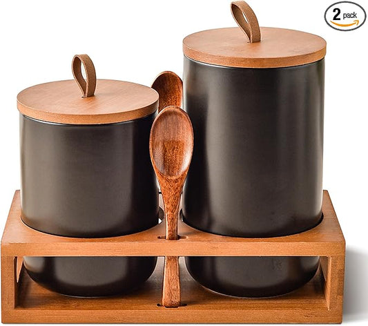 Black Ceramic Canister Set of 2 with Bamboo Lids, Wooden Stand & Spoons – 35oz & 28oz Airtight Food Storage Jars for Coffee, Sugar, Tea, Kitchen Counter Organizer