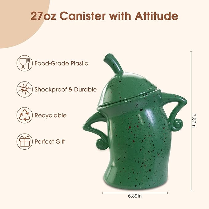 Canister with Attitude, 27OZ Plastic Coffee Canister with Lid, Cookie Jar, Cute Airtight Food Storage Container, Pantry Jar for Loose Tea Sugar Spice, Snack, Coffee Bar Decor (Green)