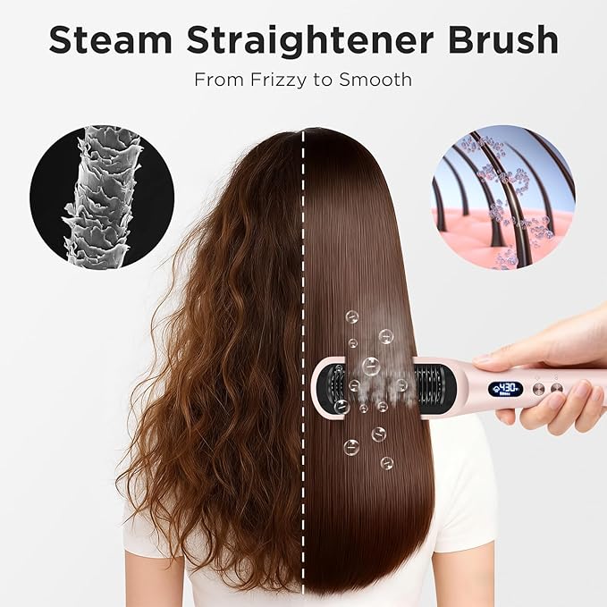 Prizm Pro Steam Hair Straightener Brush - Ionic Steam Straightening Brush for Curly Hair, Anti-Scald Ceramic Straightener Comb with LCD Display for Super Smooth, Frizz Free Hair, 4 Heat Settings, Pink