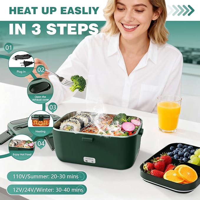 Electric Lunch Box for Adults, 2.8L Double Layer 100W Fast Heated Lunch Box, Heating Food Heater Warmer for Home Office Car Truck Use, Extra Large Lonchera Electrica Portátil 12/24V/110-230V, Green