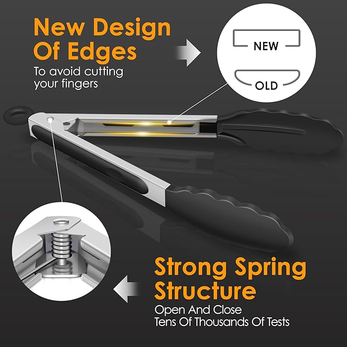 HOTEC Premium Stainless Steel Locking Kitchen Tongs with Silicon Tips, Heat Resistant Cooking Tongs Set of 3-7", 9" and 12", Black