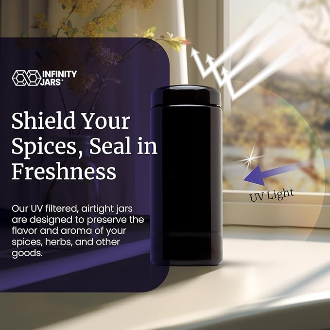 Infinity Jars, 1 L (34 fl oz) Pack 10, Premium Airtight Ultraviolet Glass Jar Smell Proof, Antistatic, Light Blocking Container for Herbs, Coffee, Tea & Spices Durable, Travel-Friendly Storage