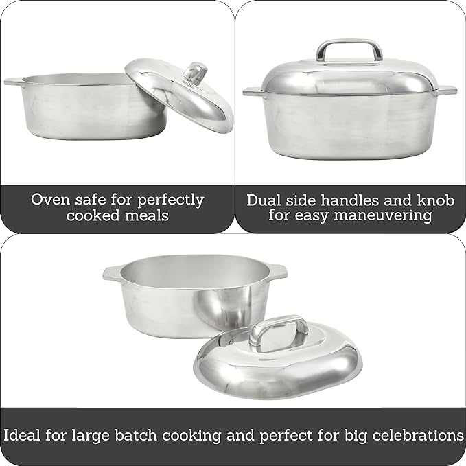 IMUSA 13 Inch Cajun Cast Aluminum Oval Roaster with Lid for Vegetables | Mirror-Polished Finish, Lid and Dual Side Handles, Roasting Meats, Great for Family Meals