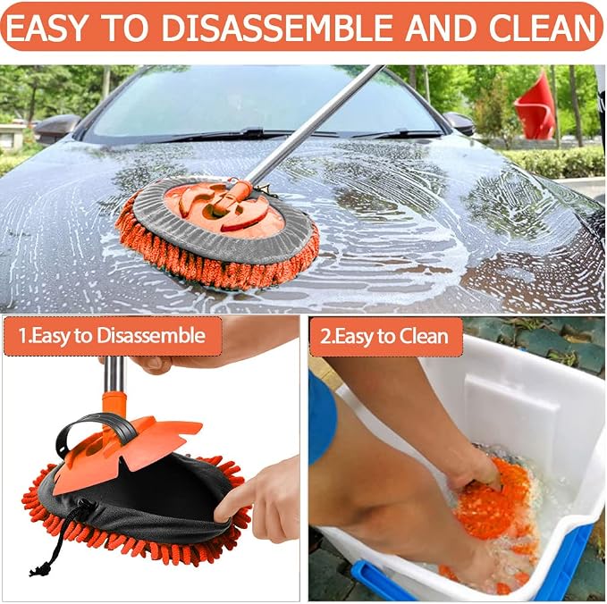 47.5" Car Wash Brush Mop Cleaning Tool with Long Handle Kit for Washing Detailing Cars Truck, SUV, RV, Trailer, Boat 2 in 1 Chenille Microfiber Sponge Duster Not Hurt Paint Scratch Free