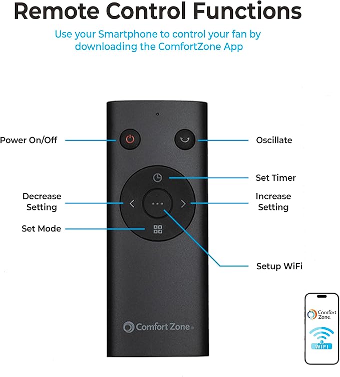 Comfort Zone 42-Inch Smart Wi-Fi Oscillating Tower Fan – 5 Speeds, 3 Modes, Adjustable 36–42" Height, Bladeless Quiet Standing Fan with Remote, 12H Timer & App Control for Bedroom, Home & Office