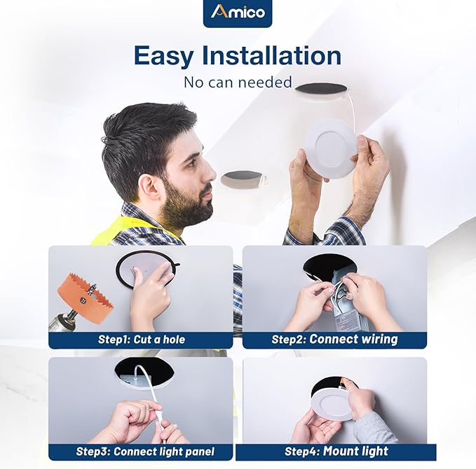 Amico 24 Pack 3 Inch 5CCT Ultra-Thin LED Recessed Ceiling Light with Junction Box, 2700K/3000K/3500K/4000K/5000K Selectable, 7W Eqv 60W, Dimmable Canless Wafer Light, 500LM High Brightness, ETL&FCC