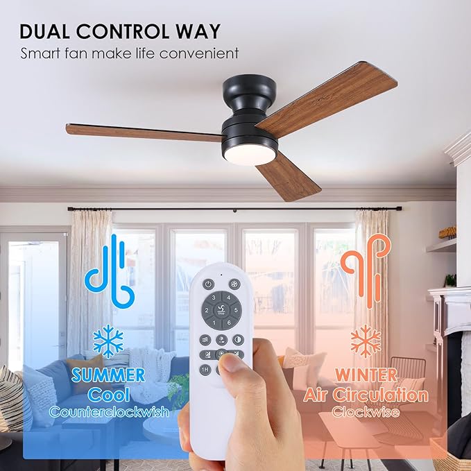 Asyko 46" Brown Low Profile Ceiling Fans with Lights and Remote, Modern Indoor Ceiling Fan Light with Quiet Reversible DC Motor, Flush Mount Ceiling Fans with Dimmable LED for Bedroom Kitchen
