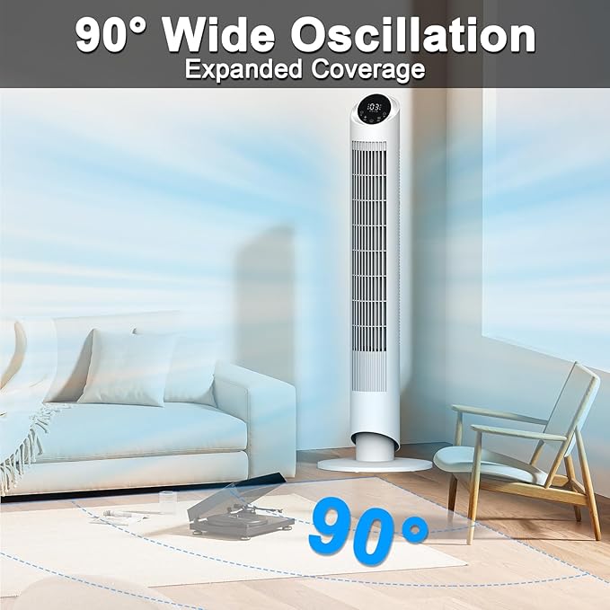 hykolity Tower Fan for Bedroom, 90° Oscillating Fan, 28dB Ultra Quiet Floor Fan with Remote Control, 26ft/s Velocity Bladeless Floor Fan with 3 Speeds & 4 Modes, 12H Timer - White