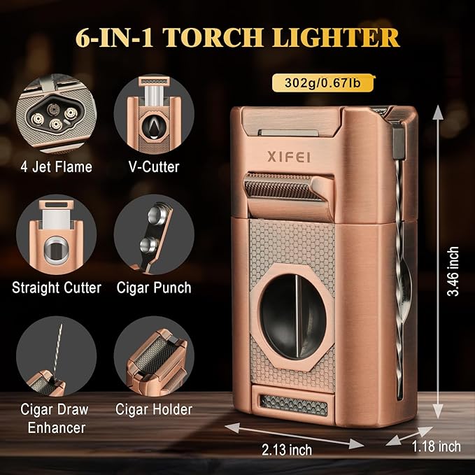 XIFEI 6-in-1 Desktop Lighter, 4 Jet Flame Torch with Straight & V-Cut Cutter, Dual Cigar Punch, Cigar Draw Enhancer, Holder, Refillable Butane Lighter with Gift Box (Bronze)