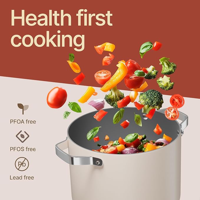 Bakken 8.5 Quart Ceramic Coated Stock Pot with Lid, Easy Clean Nonstick Pot, Tempered Glass Lid, Riveted Stainless Steel Handles, Oven Safe Up To 500°F, PTFE & PFAS Free, All Stove Compatible, Cream