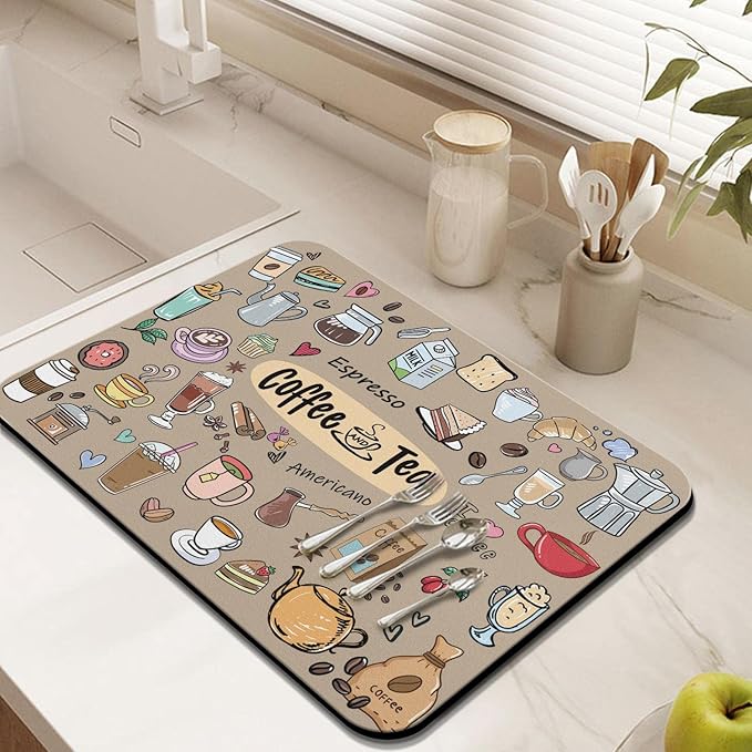 Fun Coffee Bar Mat 24inx18in, Absorbent Hide Stain Anti-Slip Accessories Fit Under Coffee Machine, Dish Drying Mat for Countertops