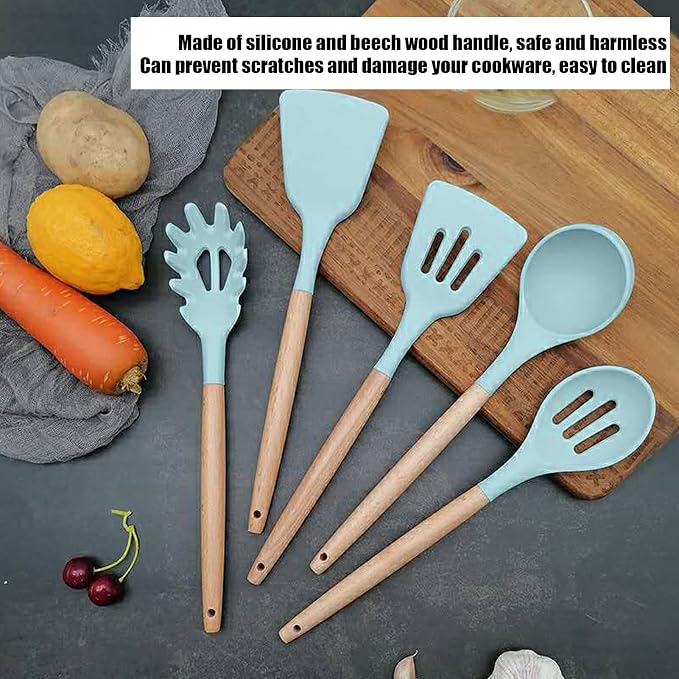 12PCS Kitchen Utensil Set, Non Stick Cooking Utensils with Wooden Handle, Silicone Kitchenware for Cooking Baking and Frying, Includes 12 Essential Tools for Home Restaurant and Pa